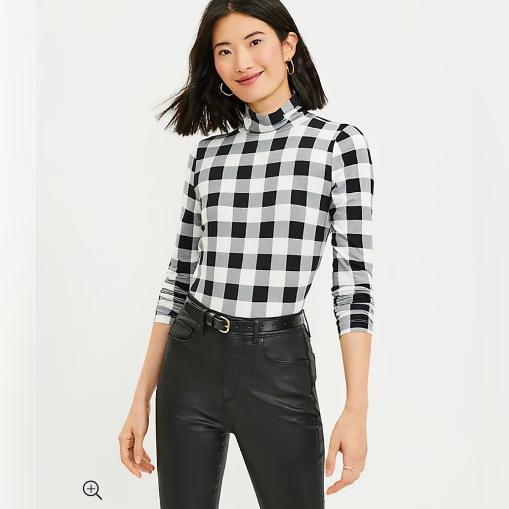 LOFT Black and White Buffalo Check Mock Neck Long Sleeve Top